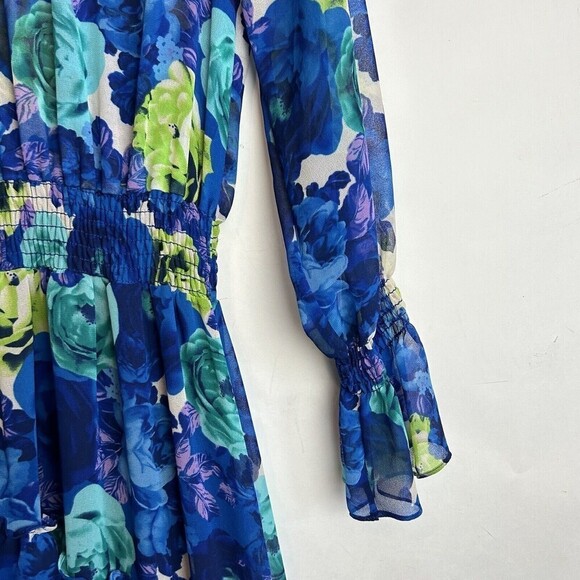MISA Los Angeles Rania Chiffon Smock Neck Asymmetrical Midi Dress Blue Floral M - Picture 8 of 12